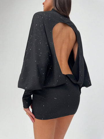 Aloruh Burgundy High Neck Batwing Sleeve Backless Mini Dress For Women