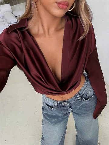 Burgundy Off-The-Shoulder Long Sleeve Cropped Elegant Blouse For Women