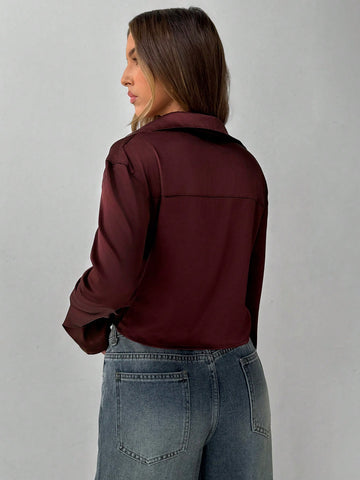 Burgundy Off-The-Shoulder Long Sleeve Cropped Elegant Blouse For Women
