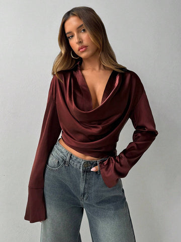 Burgundy Off-The-Shoulder Long Sleeve Cropped Elegant Blouse For Women
