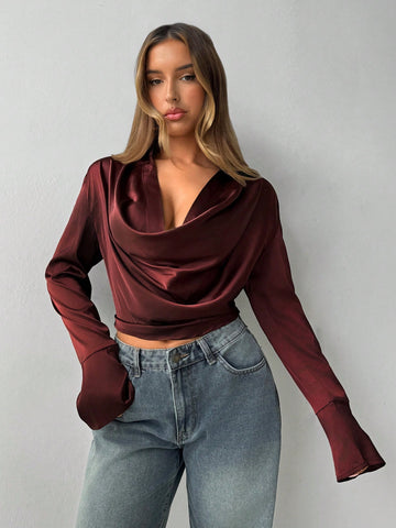 Burgundy Off-The-Shoulder Long Sleeve Cropped Elegant Blouse For Women
