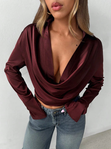 Burgundy Off-The-Shoulder Long Sleeve Cropped Elegant Blouse For Women