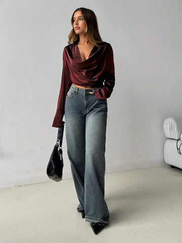 Burgundy Off-The-Shoulder Long Sleeve Cropped Elegant Blouse For Women