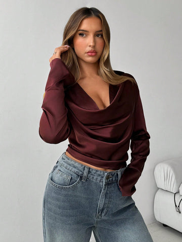 Burgundy Off-The-Shoulder Long Sleeve Cropped Elegant Blouse For Women