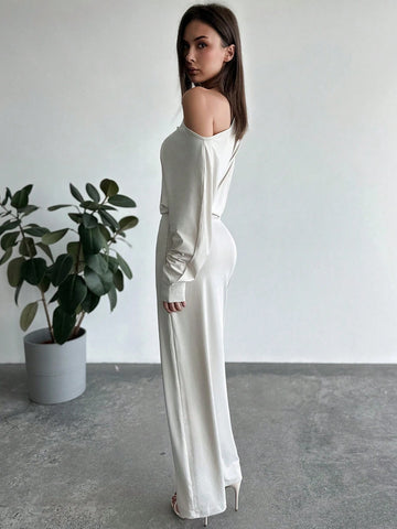 Aloruh Casual Asymmetrical Shoulder Waist Cinched Long Solid Color Dress, Suitable For Vacation, Dating And Outing, Autumn/Winter