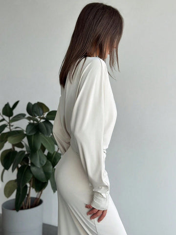 Aloruh Casual Asymmetrical Shoulder Waist Cinched Long Solid Color Dress, Suitable For Vacation, Dating And Outing, Autumn/Winter