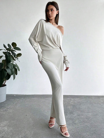 Aloruh Casual Asymmetrical Shoulder Waist Cinched Long Solid Color Dress, Suitable For Vacation, Dating And Outing, Autumn/Winter