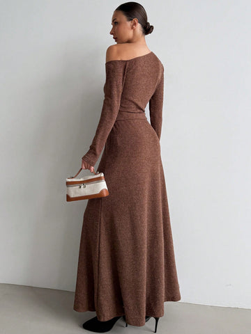 Aloruh Elegant Vintage Dark Coffee Velvet Asymmetric Shoulder Top And A-Line Skirt 2Pcs Outfit Set, Warm For Autumn/Winter