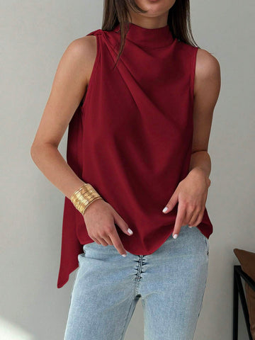 Minimalist Commuter White Sleeveless Ruched H-Shaped Hem Woven Blouse For Women, Spring/Summer