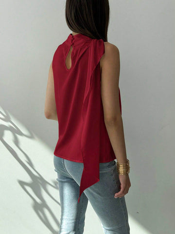 Minimalist Commuter White Sleeveless Ruched H-Shaped Hem Woven Blouse For Women, Spring/Summer