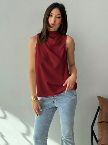 Minimalist Commuter White Sleeveless Ruched H-Shaped Hem Woven Blouse For Women, Spring/Summer