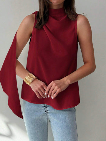 Minimalist Commuter White Sleeveless Ruched H-Shaped Hem Woven Blouse For Women, Spring/Summer