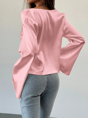 Minimalist Deep V-Neck Tie Cuff Fitted White Blouse, Suitable For Commute