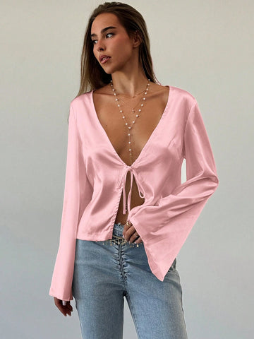 Minimalist Deep V-Neck Tie Cuff Fitted White Blouse, Suitable For Commute