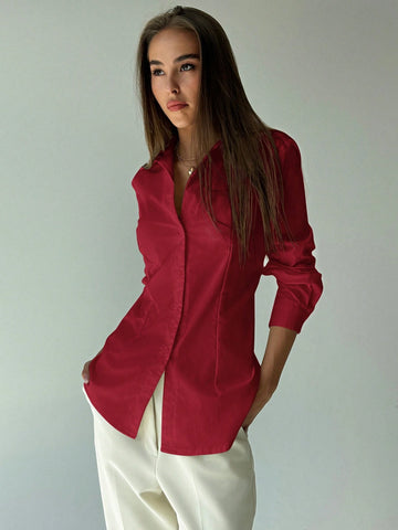 Aloruh New Arrival Red Simple Waist Cinching Open Placket Long Sleeve Versatile Shirt