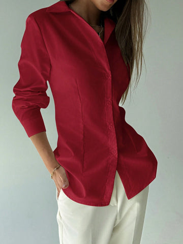 Aloruh New Arrival Red Simple Waist Cinching Open Placket Long Sleeve Versatile Shirt