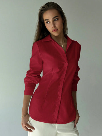Aloruh New Arrival Red Simple Waist Cinching Open Placket Long Sleeve Versatile Shirt