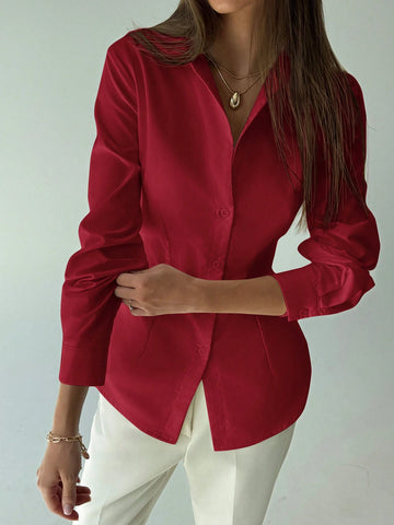 Aloruh New Arrival Red Simple Waist Cinching Open Placket Long Sleeve Versatile Shirt