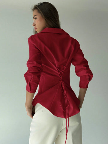 Aloruh New Arrival Red Simple Waist Cinching Open Placket Long Sleeve Versatile Shirt