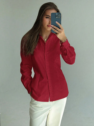 Aloruh New Arrival Red Simple Waist Cinching Open Placket Long Sleeve Versatile Shirt