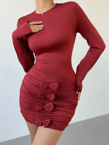 Aloruh New Spring Sweet Bow Decor Ruched Bodycon Sexy Mini Romantic Valentine's Day Date Night Dress