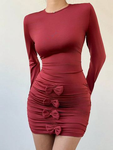 Aloruh New Spring Sweet Bow Decor Ruched Bodycon Sexy Mini Romantic Valentine's Day Date Night Dress