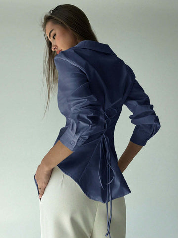 Simple Cinched Waist Open Front Long Sleeve Casual Shirt