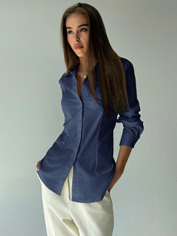 Simple Cinched Waist Open Front Long Sleeve Casual Shirt