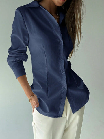 Simple Cinched Waist Open Front Long Sleeve Casual Shirt