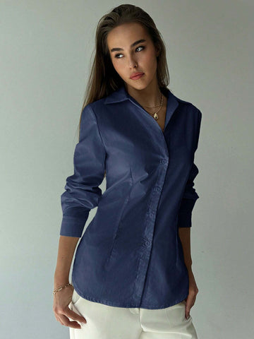 Simple Cinched Waist Open Front Long Sleeve Casual Shirt