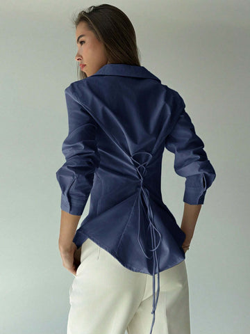 Simple Cinched Waist Open Front Long Sleeve Casual Shirt