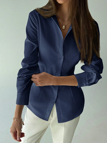 Simple Cinched Waist Open Front Long Sleeve Casual Shirt