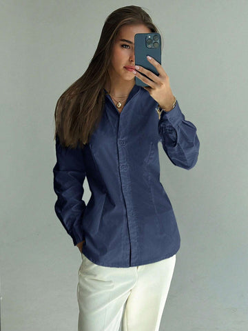 Simple Cinched Waist Open Front Long Sleeve Casual Shirt