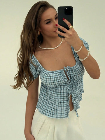 Romantic Cute Vacation Oversized Collar Tie Short Sleeve Pink Plaid Butterfly Print Blouse