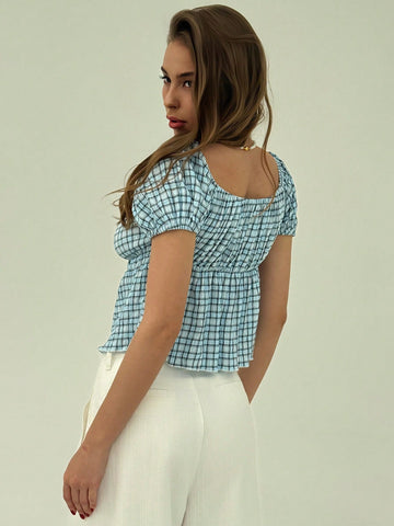 Romantic Cute Vacation Oversized Collar Tie Short Sleeve Pink Plaid Butterfly Print Blouse