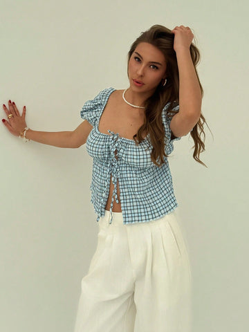 Romantic Cute Vacation Oversized Collar Tie Short Sleeve Pink Plaid Butterfly Print Blouse