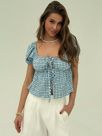 Romantic Cute Vacation Oversized Collar Tie Short Sleeve Pink Plaid Butterfly Print Blouse