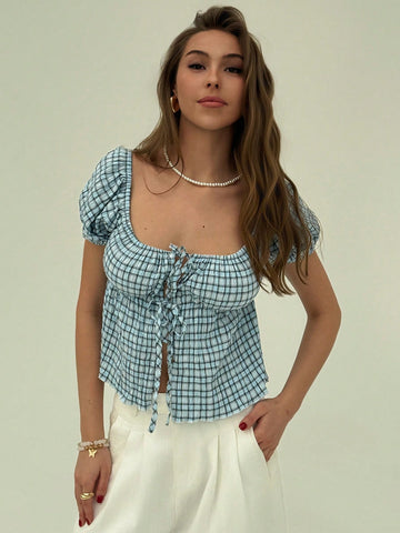 Romantic Cute Vacation Oversized Collar Tie Short Sleeve Pink Plaid Butterfly Print Blouse