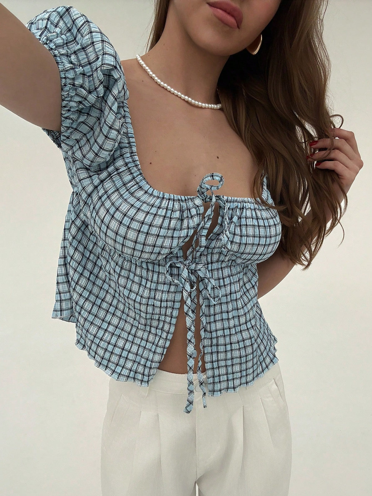 Romantic Cute Vacation Oversized Collar Tie Short Sleeve Pink Plaid Butterfly Print Blouse