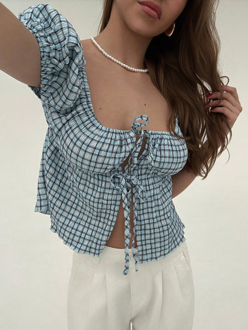 Romantic Cute Vacation Oversized Collar Tie Short Sleeve Pink Plaid Butterfly Print Blouse
