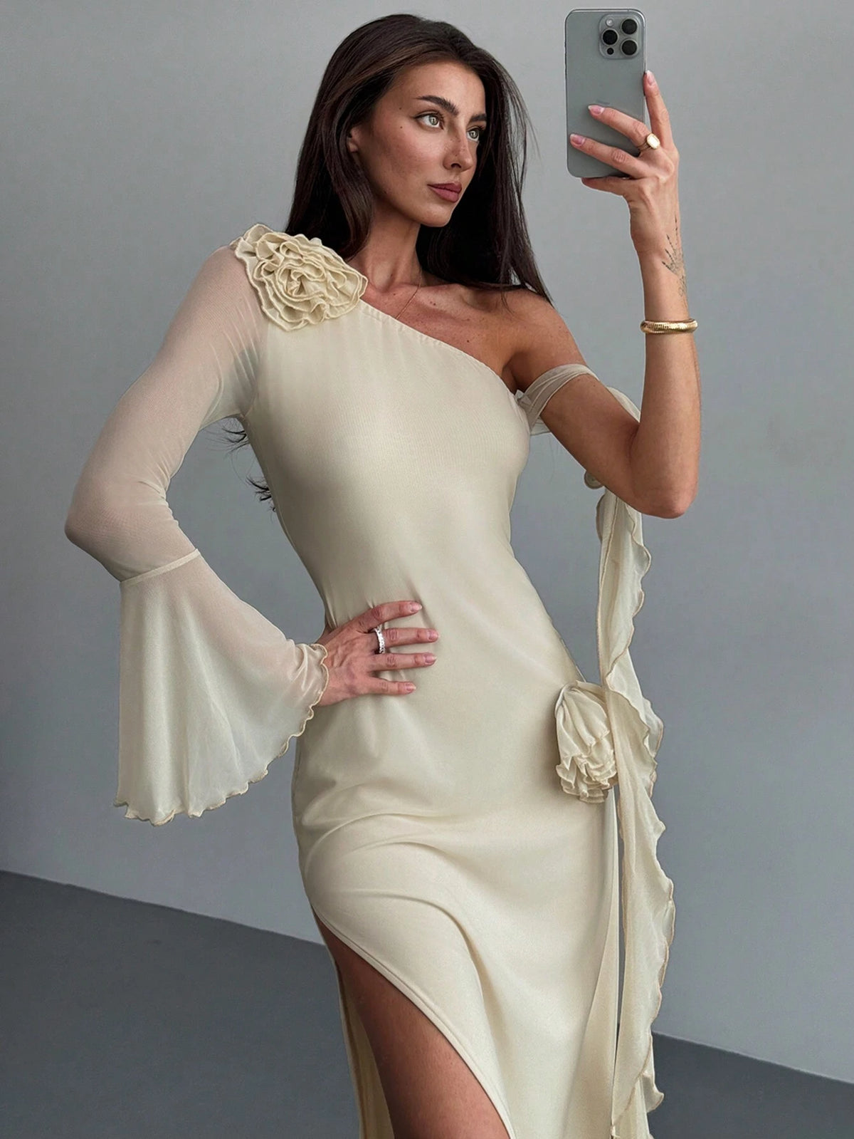 Aloruh Romantic One Shoulder Long Sleeve Double Layer Mesh See-Through Form-Fitting Ruffle Trim 3D Floral Dress For Ladies, Suitable For Dating & Vacation