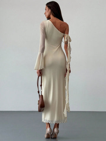 Aloruh Romantic One Shoulder Long Sleeve Double Layer Mesh See-Through Form-Fitting Ruffle Trim 3D Floral Dress For Ladies, Suitable For Dating & Vacation