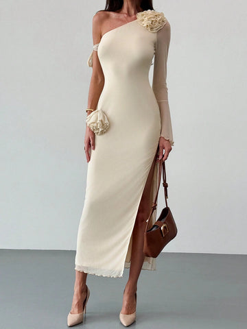 Aloruh Romantic One Shoulder Long Sleeve Double Layer Mesh See-Through Form-Fitting Ruffle Trim 3D Floral Dress For Ladies, Suitable For Dating & Vacation