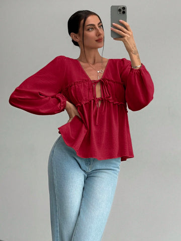 Romantic Tie-Up V-Neck Ruched Frill Edge Puff Sleeve Loose Fit Blouse For Women