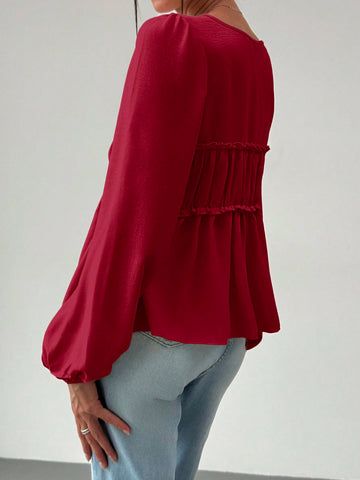 Romantic Tie-Up V-Neck Ruched Frill Edge Puff Sleeve Loose Fit Blouse For Women