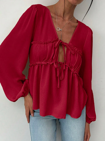 Romantic Tie-Up V-Neck Ruched Frill Edge Puff Sleeve Loose Fit Blouse For Women