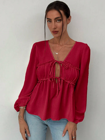 Romantic Tie-Up V-Neck Ruched Frill Edge Puff Sleeve Loose Fit Blouse For Women
