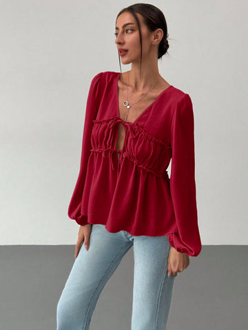 Romantic Tie-Up V-Neck Ruched Frill Edge Puff Sleeve Loose Fit Blouse For Women