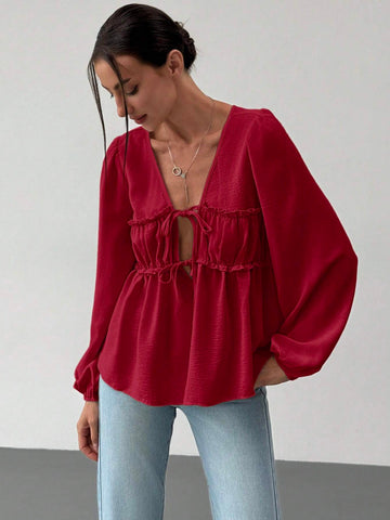 Romantic Tie-Up V-Neck Ruched Frill Edge Puff Sleeve Loose Fit Blouse For Women