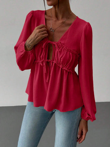 Romantic Tie-Up V-Neck Ruched Frill Edge Puff Sleeve Loose Fit Blouse For Women